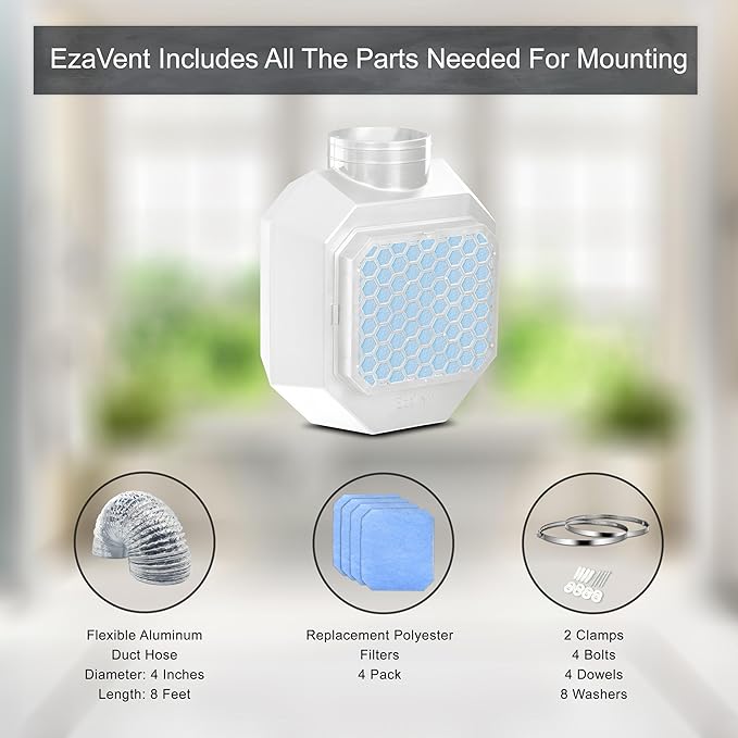 EzaVent Indoor Dryer Full Set Vent with 4 Filters, 8ft Aluminium Duct Hose and Fittings Only for Electric Dryers - 1 Year Warranty (White EzaVent Full Set)