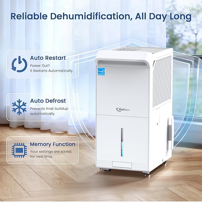 Vellgoo 6,000 Sq.Ft ENERGY STAR Most Efficient 2025 Dehumidifier for Basement, Max 140 Pint/Day Large Capacity Dehumidifier with Drain Hose, for Home, Large Rooms, Garage