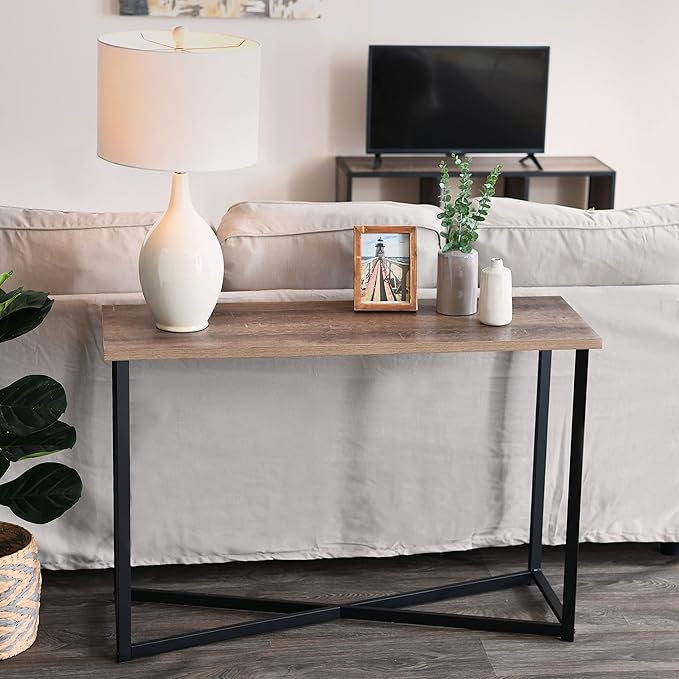 Household Essentials Ashwood Grain Console Table with Black Iron Base