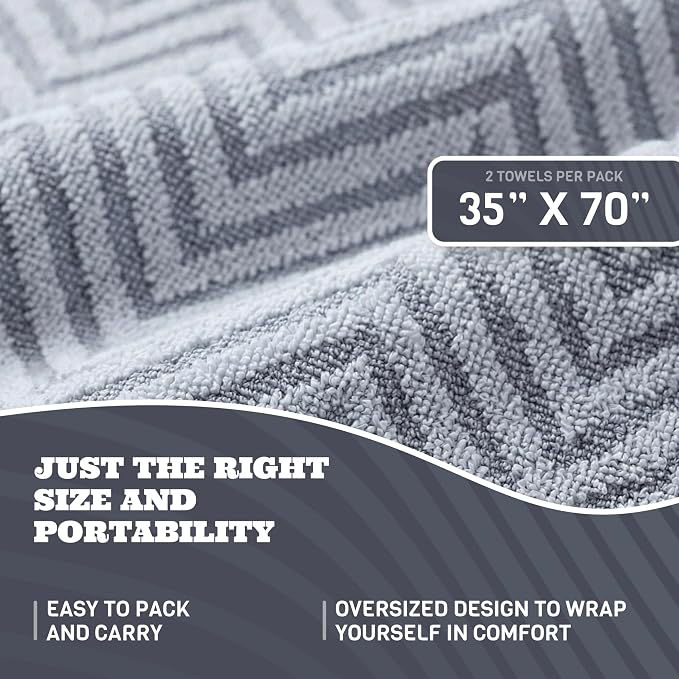 White Classic Cotton Beach Towels Oversized 35 x 70 Inches, Ultra Absorbent and Low Lint Luxury Pool Towels, Chevron Design, Light Gray, 2 Pack