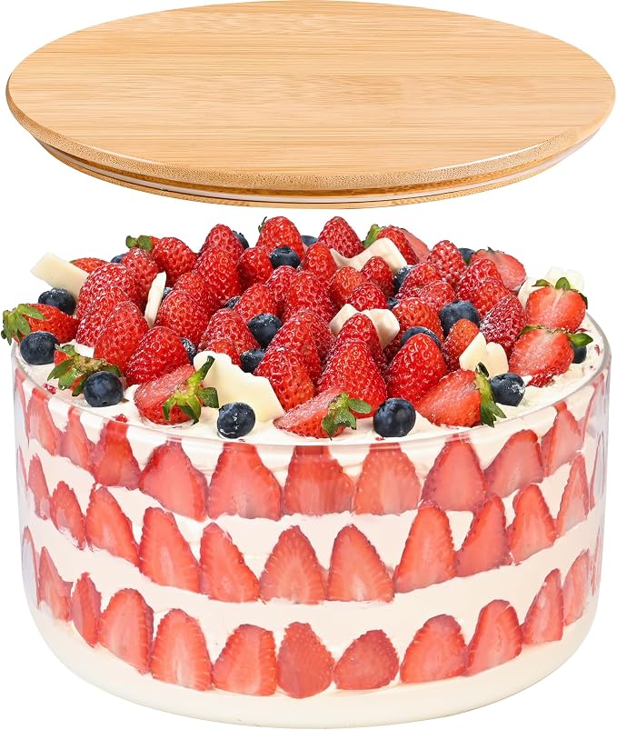 LOVYANXUE Glass Trifle Bowl with Bamboo Lid, 197 oz Large Glass Salad Bowl - Versatile Mixing and Serving Dish for Cake, Salad, Fruit, Baking, Dessert, Meal Prep, Storing, Microwave & Oven Safe