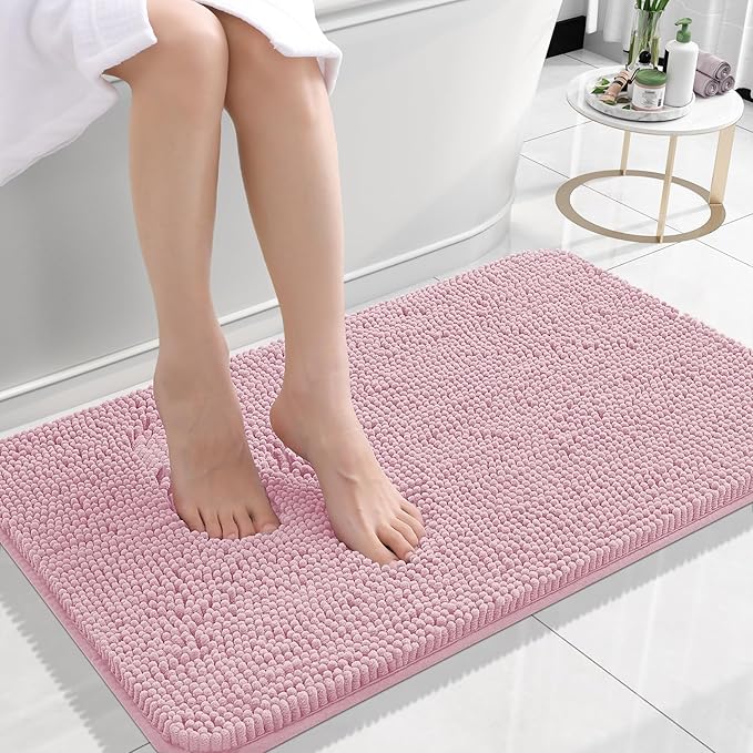 OLANLY Small Bathroom Rugs 24x16, Extra Soft Absorbent Chenille Bath Rugs, Rubber Backing Quick Dry, Machine Washable Bath Mats for Bathroom Floor, Tub and Shower, Home Decor Accessories, Dusty Rose