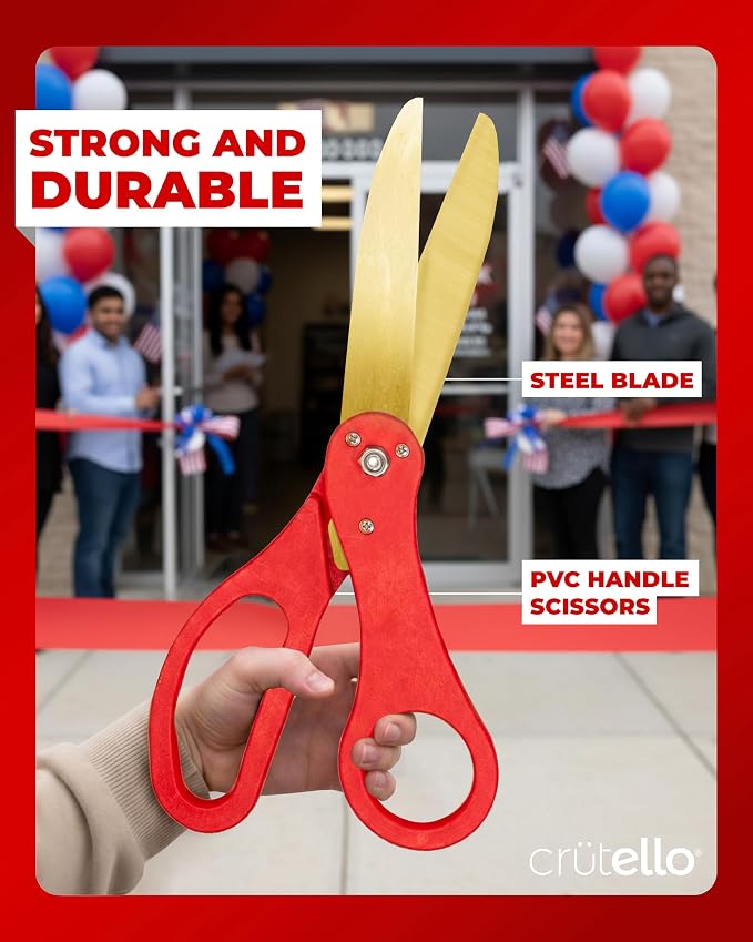 Crutello Grand Opening Ribbon Cutting Kit - Giant Gold Scissors with Red Handle & 30ft Red Ribbon 4"Wide