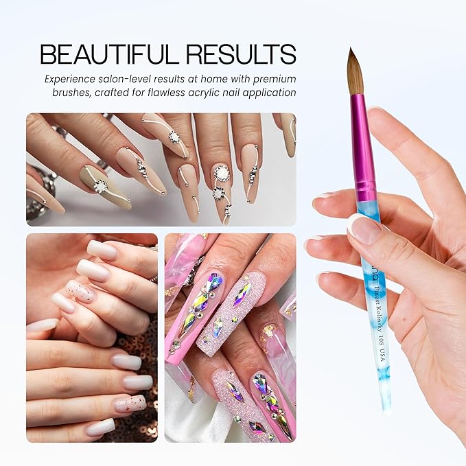 PANA Pure Kolinsky Hair Acrylic Nail Brush - Round Shape Pink Ferrule with White Swirl Blue Handle (Size 10)