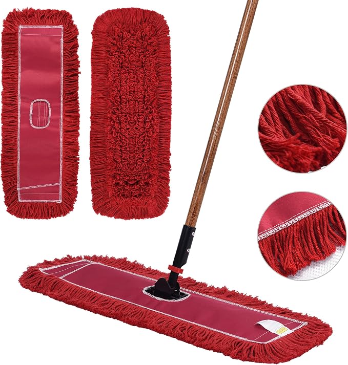 Matthew Cleaning 24'' Industrial Strength Cotton Dust Mop Refill Washable Replacement Heads for Residential & Commercial Use Fit Standard Dust Mop Frames, Hardwood,Concrete Floors Red 12 Pack