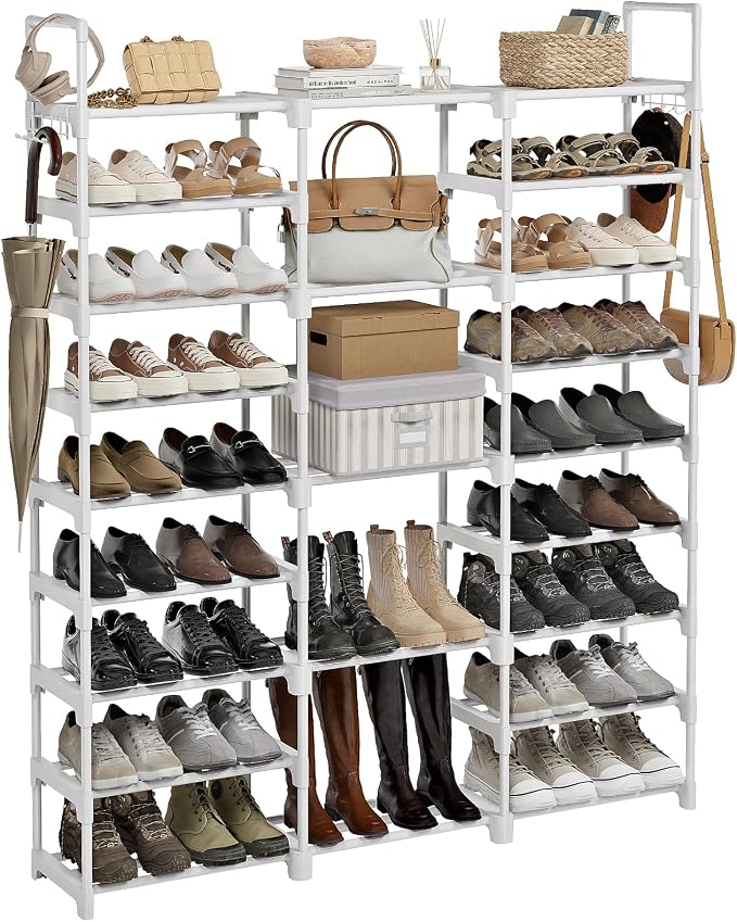WOWLIVE 9 Tiers Large Shoe Rack White Shoe Rack Organizer for Closet 50-55 Pairs Stackable Heavy Duty Shoe Shelf Shoe Storage with Metal Pipes Plastic Connectors