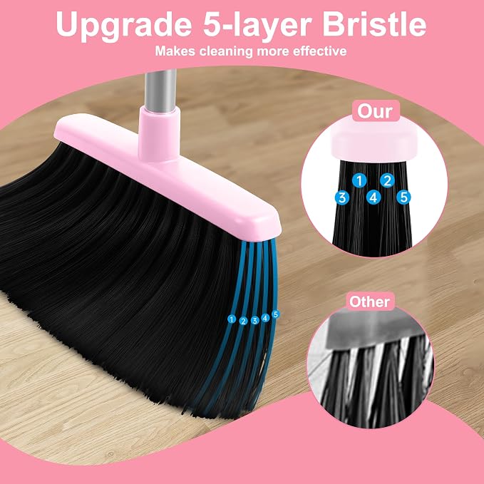 BSKLIN Broom and Dustpan Set for Home, 52” Long Handle Broom with Dustpan Combo Set with Dust Pan Teeth to Clean Hair Sweeping Set for Kitchen Hardwood Floors Pet Hair (Pink)