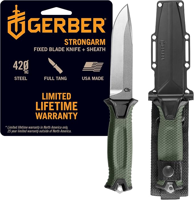 Gerber Gear StrongArm - Fixed Blade Survival Tactical Knife for Camping, Outdoor, Hunting - Ergonomic Utility Tool with Sheath - Made in USA - Sage Green, Plain Edge