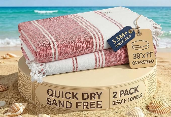 LANE LINEN Turkish Beach Towel 2 Pack, Super Absorbent, Durable - Hibiscus | Oversized Beach Towel 39"x71" - Lightweight Beach Essentials for Women - Large Pool Towel, Absorbent & Quick Dry, For Adults