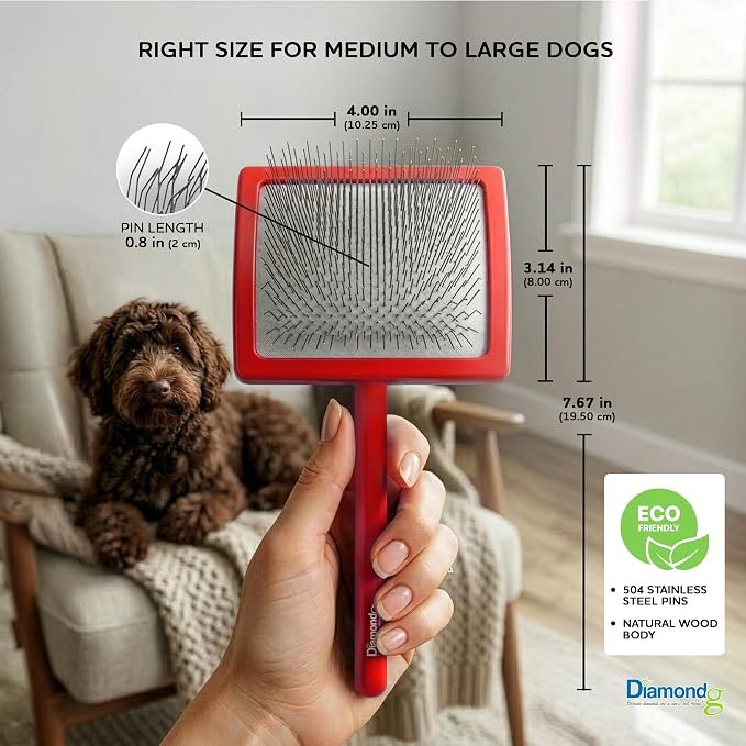 Diamondg Pet Slicker Brush for Dogs & Cats – Professional Grooming Brush for Shedding, Detangling & Coat Maintenance, Gentle Fine Wire Pins, Ergonomic Handle, Red