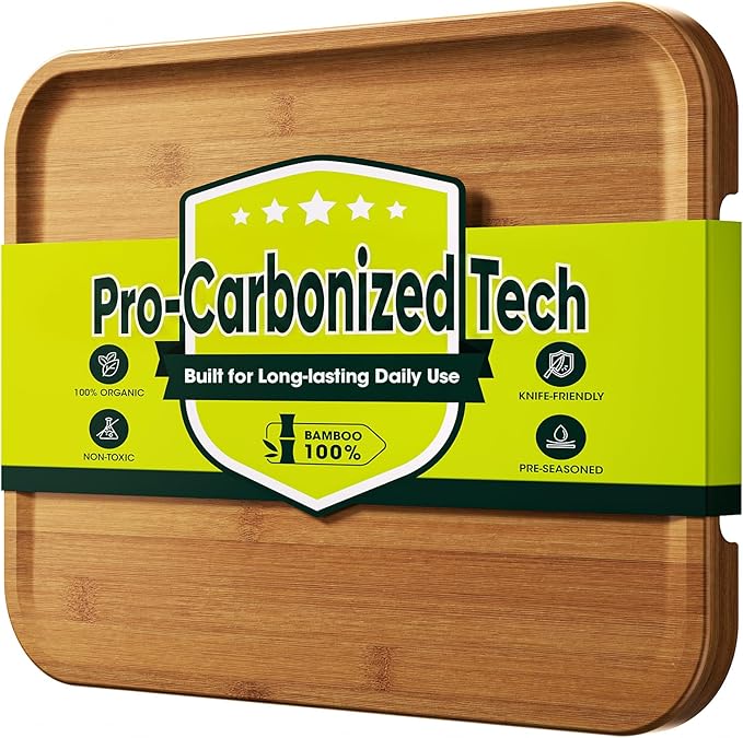 FSC-Certified 17'' x 12'' Deep-Carbonized Bamboo Cutting Board for Kitchen | Wood Chopping Board with Reversible Charcuterie & Juice Groove, Easy-Grip Handles, House Warming Gifts
