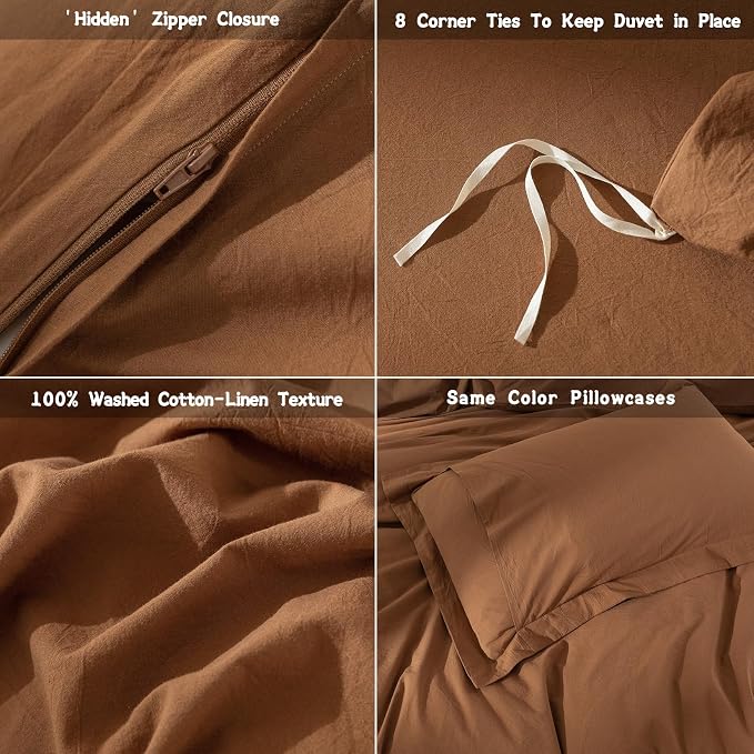 100% Washed Cotton Dark Orange Duvet Cover Queen Size Bedding Set Cover 1 Duvet Cover with Zipper Closure and 2 Pillowcases, 90inch x 90inch