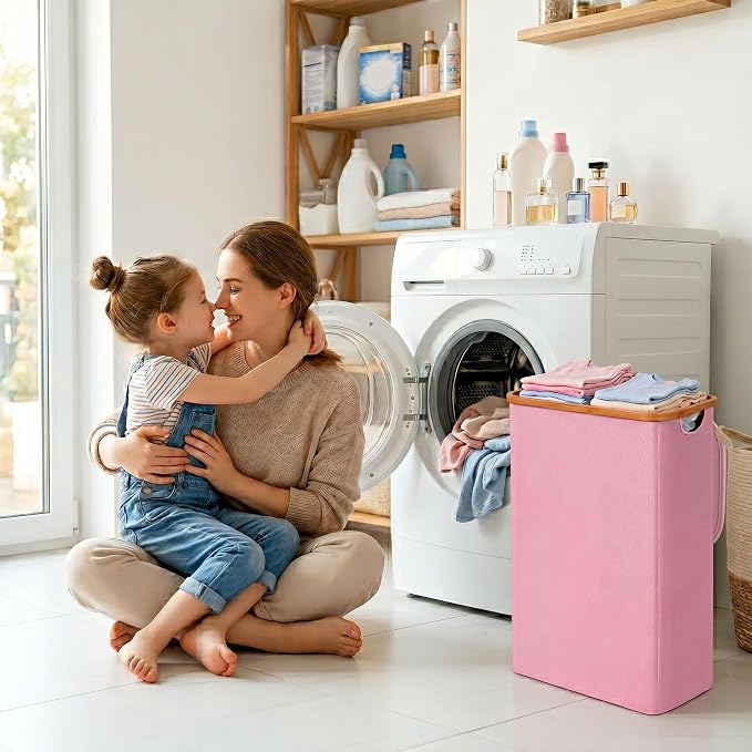 iEGrow 65L Slim Laundry Hamper, Narrow Laundry Basket with Lid,Foldable Clothes Hamper with Bamboo Handles,Hamper Basket with Removable Inner Bag for Laundry Room Bedroom College Dorm,17.17 Gals Pink