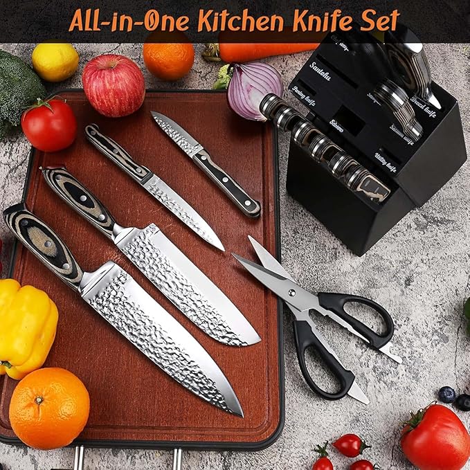 Kitchen Knife Set,15-Piece Knife Set With Block Wooden,Self Sharpening For Chef Knife Set,High Carbon Japan Stainless Steel Hammered Collection Knife Block Set with Steak Knives (Gray)