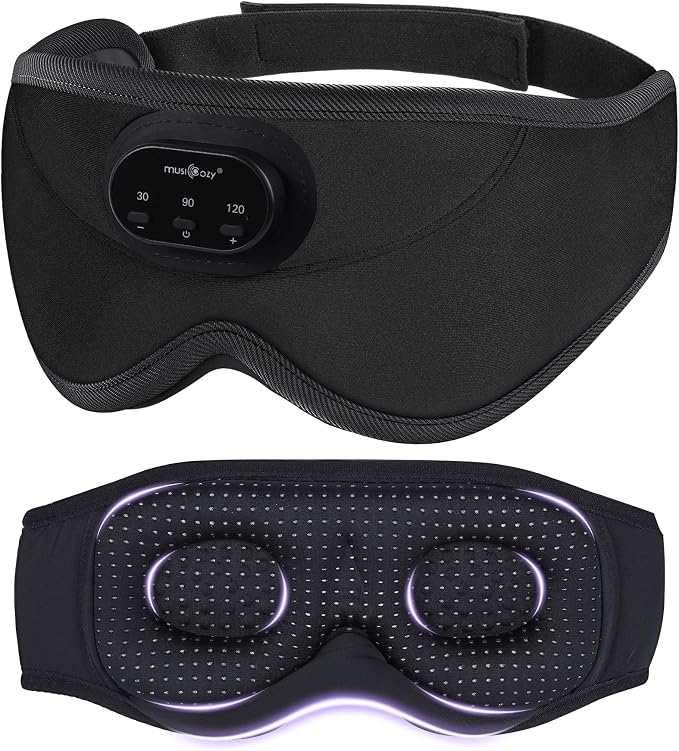 MUSICOZY 3D Bluetooth Sleep Mask with Headphones and Timer, Wireless Sleep Headphones for Side Sleepers, Eye Mask with Bluetooth Headphone, Unique Gifts for Men Women, Black