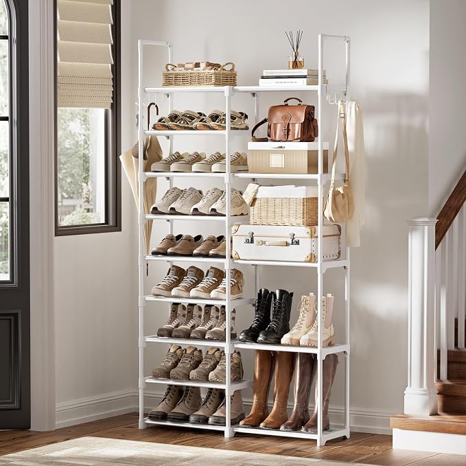 WOWLIVE 9 Tiers White Shoe Rack for Closet Shoe Rack Storage Organizer for Entryway 30-35 Pairs Stackable Shoe Shelf for Front Entrance Metal Pipes with Plastic Connectors