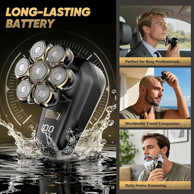 Head Shavers for Bald Men, Electric Razor with 7D Magnetic Shaver Heads, Wet Dry Waterproof Bald Head Trimmer Kit for Women & Men, Nose Ear Hair Trimmer, USB Rechargeable Clippers, Bright Black