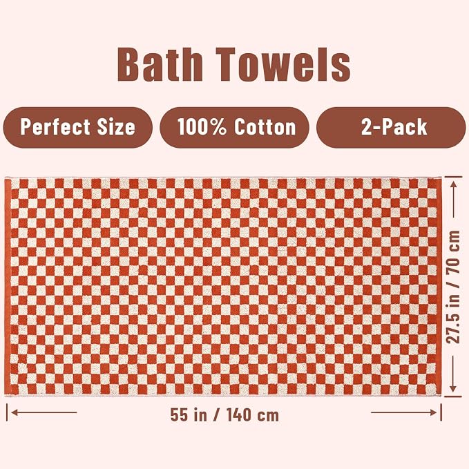 Jacquotha Ultra Soft Bath Towels 2 Pack - 520 GSM Cotton Highly Absorbent | Checkered Towels Set for Bathroom Shower Pool Travel 55" x 28"(Coral)