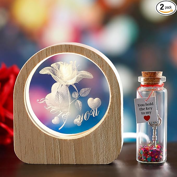 ZHSHWAT Gifts for Women,Romantic Rose Night Light and Heart Key Bottle Gift Set - Perfect for Valentines Day, Birthday, Mothers Day Anniversaries for Her Wife