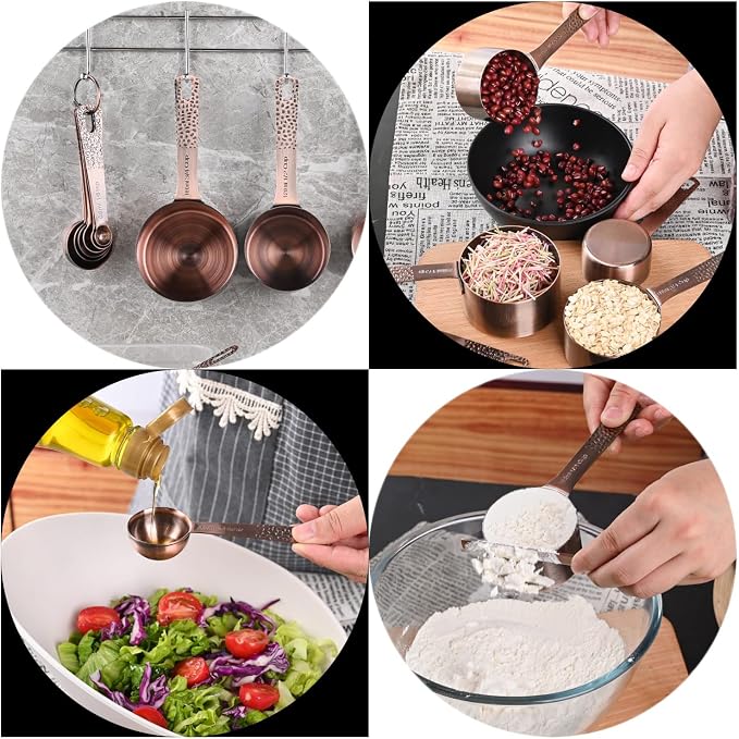 Copper Measuring Cups and Spoons Set for Drying & Liquid, Stainless Steel 6 Copper Measuring Cups and 7 Measuring Spoons with 1Leveler and 2 Locking Rings for Kitchen