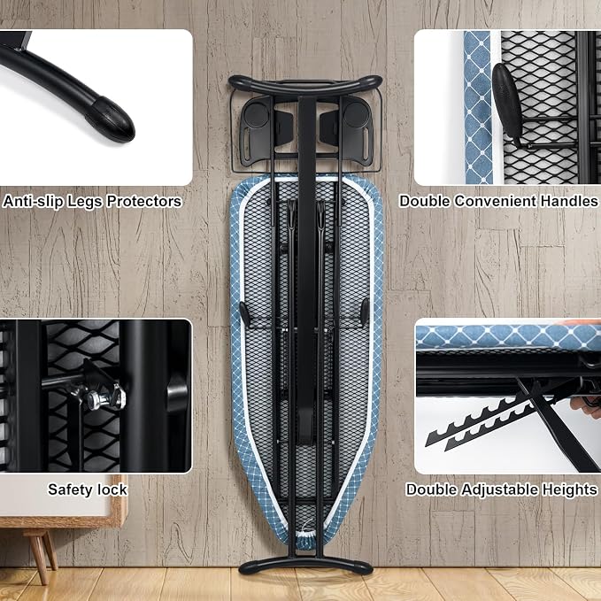 Duwee 17"x46" Ironing Board Full Size,Deluxe Ironing Board with Iron Rest | Heat Resistant Cover and Thicken Felt Pad, Adjustable Height,Heavy Sturdy Legs,Black