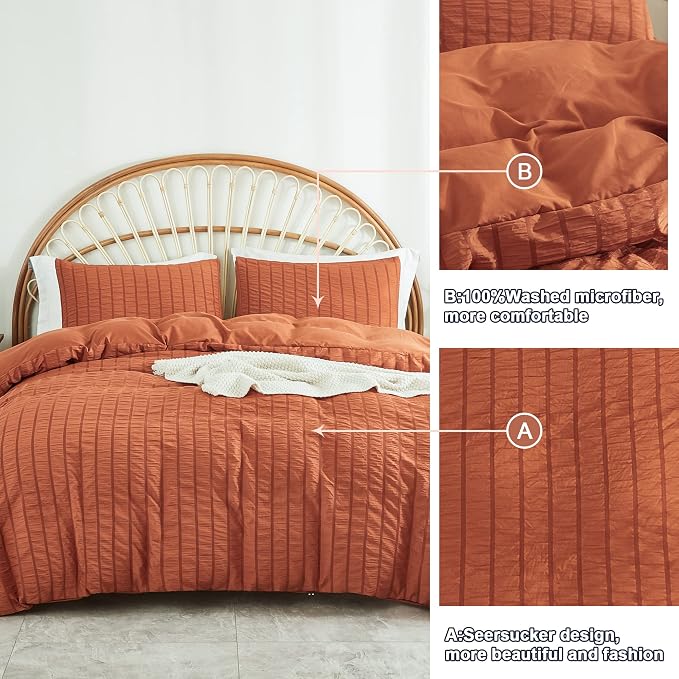 AveLom Terracotta Seersucker Duvet Cover Set Full Size (80 x 90 inches), 3 Pieces (1 Duvet Cover + 2 Pillow Cases), Ultra Soft Washed Microfiber, Textured Duvet Cover with Zipper Closure, Corner Ties