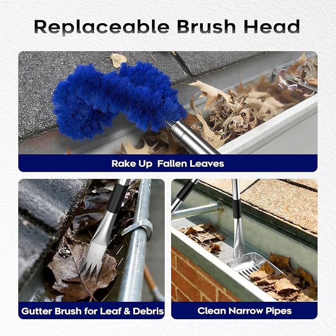 13ft Gutter Cleaning Tools From the Ground, No Ladder Needed, 3-in-1 Gutter Cleaner Pole with Replaceable Brush Rake Scoop, 180° Adjustable Angle for Leaves & Debris Cleaning with Grip Tapes, Blue