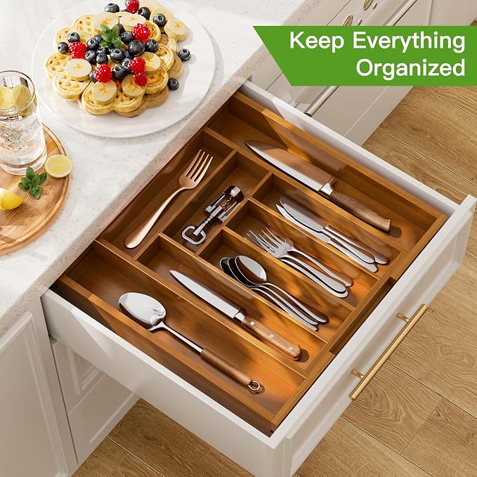 Pipishell Bamboo Expandable Drawer Organizer for Utensils Holder, Adjustable Silverware Organizer Cutlery Tray, Drawer Dividers for Utensils, Flatware, Knives in Kitchen, Bedroom, Living Room(M-Brown)