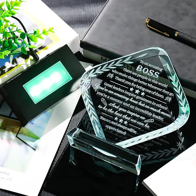 Movdyka Best Boss Gifts for Men Women Crystal Plaque Keepsakes with Colorful Light Base Great Boss Appreciation Thank You Farewell Retirement Gifts for Boss Day Birthday Office Decor