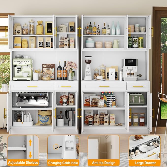 GAIOUS 71" Metal Kitchen Pantry Cabinet, Buffet Sideboard with Drawers | 6 Doors 4 Adjustable Shelves Open Countertop Charging Cable Hole Coffee Bar Cabinet Cupboard for Dining Living White