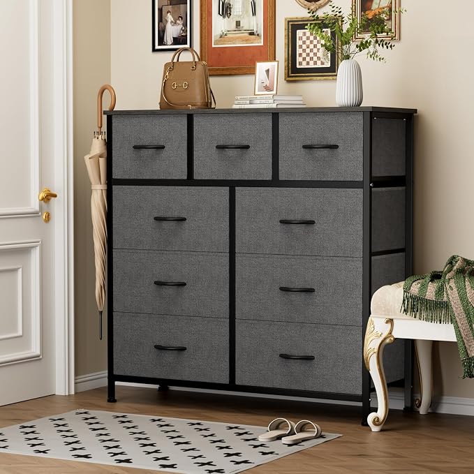 Sweetcrispy 9 Drawer Fabric Dresser Storage Tower Drawer Organizer, Grey | Sturdy steel frame with wood top,easy-pull handles,Space-saving organizer chest for bedroom, closet, Lightweight and stable