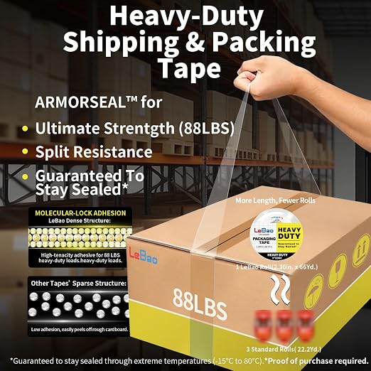 Heavy Duty Clear Packing Tape with Dispenser – 6 Rolls Pack Tape, 2.36 Inch x 66 Yd, 2.8 Mil – Strong Adhesive Package Tape for Moving & Shipping Supplies