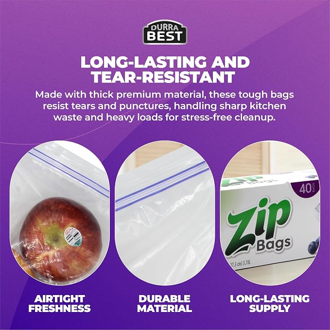 1 Gallon Storage Zip Bags – 40 Count | Extra Large, Resealable, Leak-Proof & Freezer Safe Food Storage Bags with Double Zip Lock | Durable, BPA-Free, Multi-Purpose – DURRA BEST