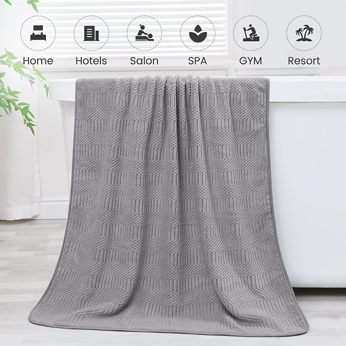 JML Bath Towels, 30" x 60", Gray, Set of 2 | Hanging Hook, Lint Free, Oversized, Soft, Super Absorbent, Fast Drying, Use for Sport, Fitness, Yoga, Diamond Cross Grid