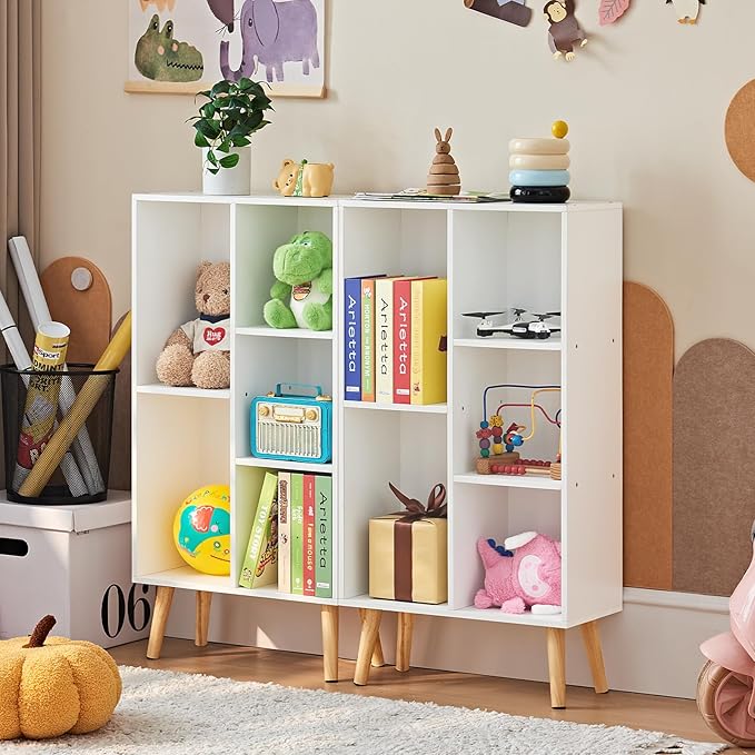 LEYAOYAO 5 Cube Bookshelf, Mid-Century Modern Book Shelf with Legs, White | 3 Tier Bookcase, Rustic Wood Bookshelves Freestanding Small Storage Organizer, Open Shelves for Bedroom, Living Room, Office