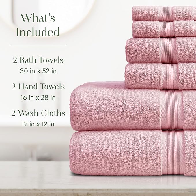 Springtree Home Luxury Bamboo Rayon Bath Towel Set | 6-Piece Set | Pink | 35% Bamboo Rayon - 65% Zero Twist Cotton | Absorbent Quick-Dry Towels for Bathroom | Ultra Soft | OEKO-TEX Standard 100