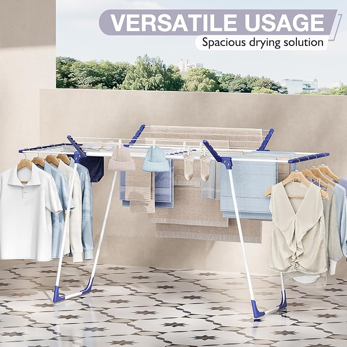 APEXCHASER Clothes Drying Rack - Foldable Laundry Rack Indoor Outdoor, Gullwing Drying Rack Clothing with 10pcs Clips + Bag, Collapsible Space-Saving Clothes Rack for Drying Towels, White