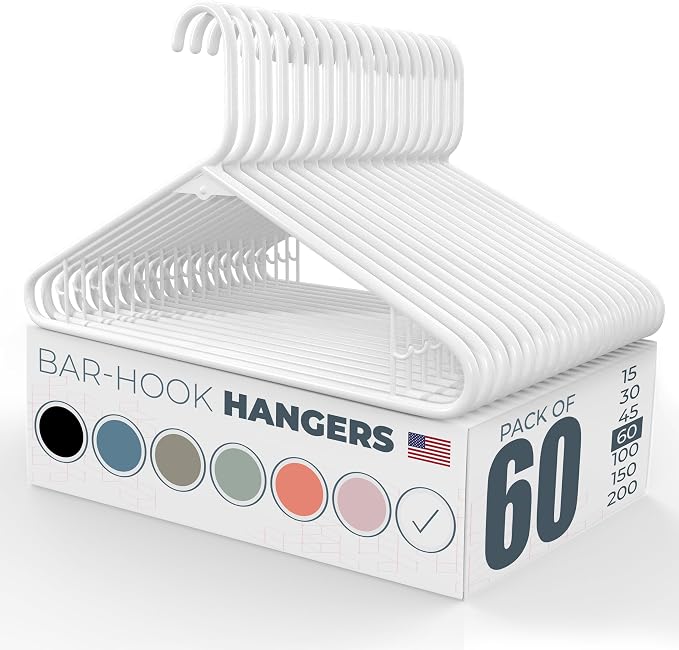 Plastic Hangers 50 Pack (60 Count) – Made in The USA – 6lb Capacity Standard Clothes Hangers with Strap Hooks for Dresses, Lingerie, Shirts, Pants, and Jackets – White