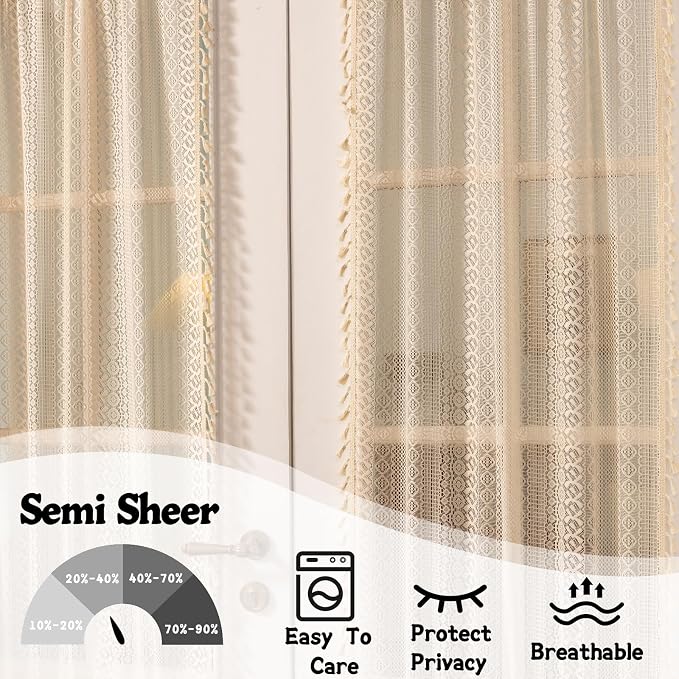 Sutuo Home French Door Curtains for Front Glass Door & Sidelights, Cottagecore Semi Sheer Farmhouse Rustic Tassels Vintage Chic Privacy Bohemian Decor, Rod Pocket 2 Panels 25" W x 72" L Beige