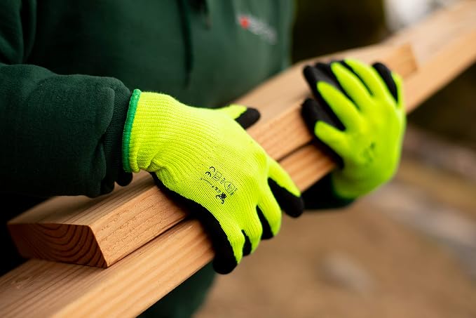 G & F 1516 12 Pairs Pack Premium High Visibility Low Emissions Green Work and Gardening Gloves for Men and Women, MicroFoam Textured Coated Palm and Fingers, Size Large, Green