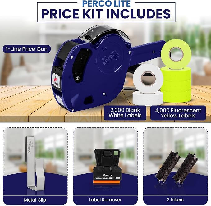 Perco Lite 1 Line Price Gun Kit for Retail Business – Includes 2 White Rolls, 4 Yellow Rolls, Gun Clip & Ink Rollers – Pre-Loaded Pricing Gun w Labels & Ink