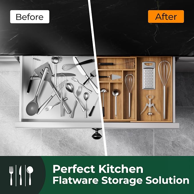 Large Silverware Organizer, 13 Slots Magnetic Connected Expandable Acacia Wood Utensil Drawer Organizer From 21 to 37.4 Inches, Adjustable Flatware and Cutlery Holder, Utensil Tray for Kitchen Natural