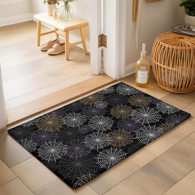 Entryway Area Rug 2'x3', Black Halloween Washable Small Area Rugs for Kitchen Bathroom Bedroom Office Laundry, Purple White Yellow Net Classic Black Door Mat Indoor Entrance Floor Throw Carpet