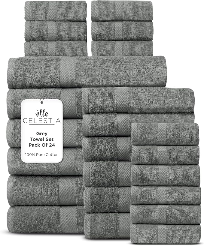 Villa Celestia 24-Piece 100% Cotton Towel Set, 6 Bath Towels, 6 Hand Towels, 12 Wash Cloth, Quick-Dry, Grey