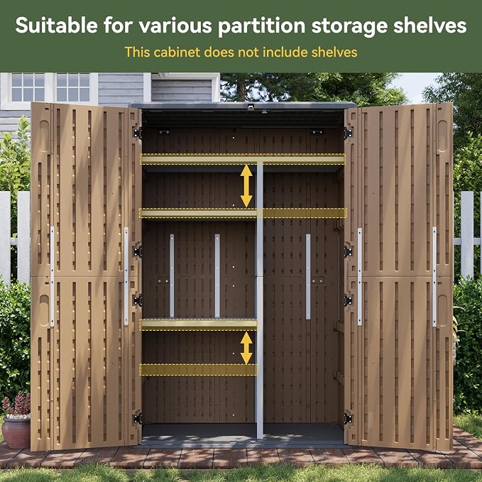 Aoxun Outdoor Storage Shed with Floor, 64 Cu.Ft Outdoor Storage Cabinet | Large Waterproof Vertical Resin Shed for Garden Tools, Pool Equipment, Brown