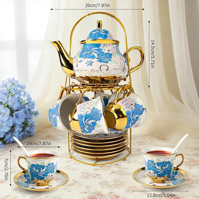 ALIMOTA 20 Pcs Porcelain Tea Set with Metal Holder and Spoon, European Ceramic Tea Set for Adults, European Flower Painting Teapot Cup Saucer Spoon Set for 6, Gift Pack (Blue and Pink)