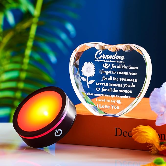 Gifts for Grandma with Colorful LED Base, Meaningful Heart Crystal Grandma Birthday Gifts, Great Gift Ideas for Grandmother on Mothers Day Thanksgiving from Granddaughter or Grandson