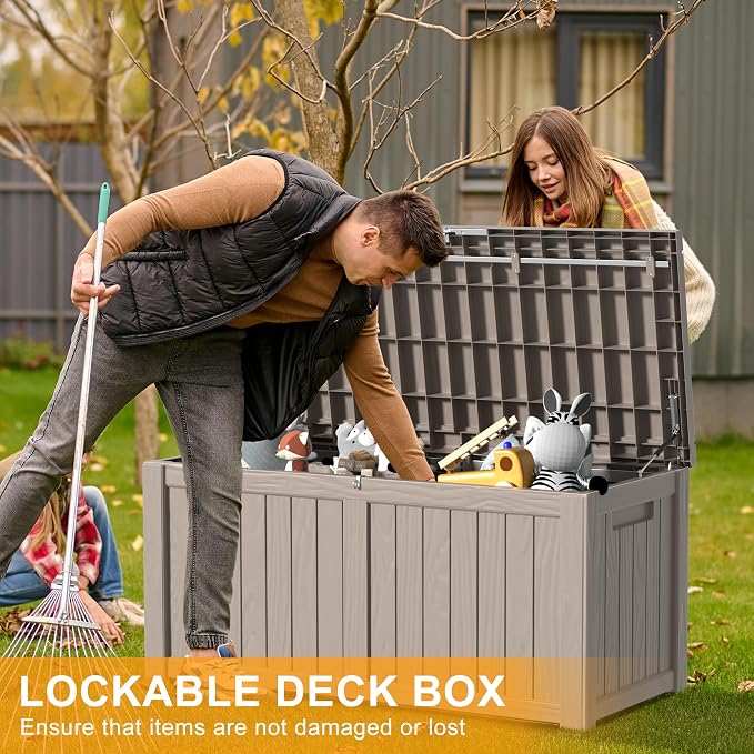 DRATO 150 Gallon Deck Boxes Outdoor Waterproof, Lockable Outdoor Storage Box for Patio Furniture Pool Supplies Garden Tools, Weatherproof Resin Storage Box for Backyard (Grey, 150 Gallon)