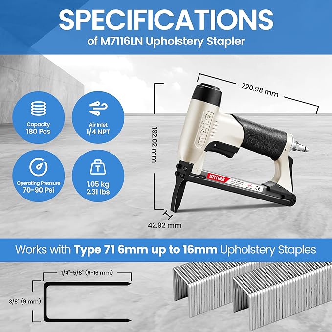 meite MT7116LN Pneumatic Upholstery Stapler 22 Gauge 71 Series 3/8" Crown 1/4" to 5/8" Length Long Nose Stapler