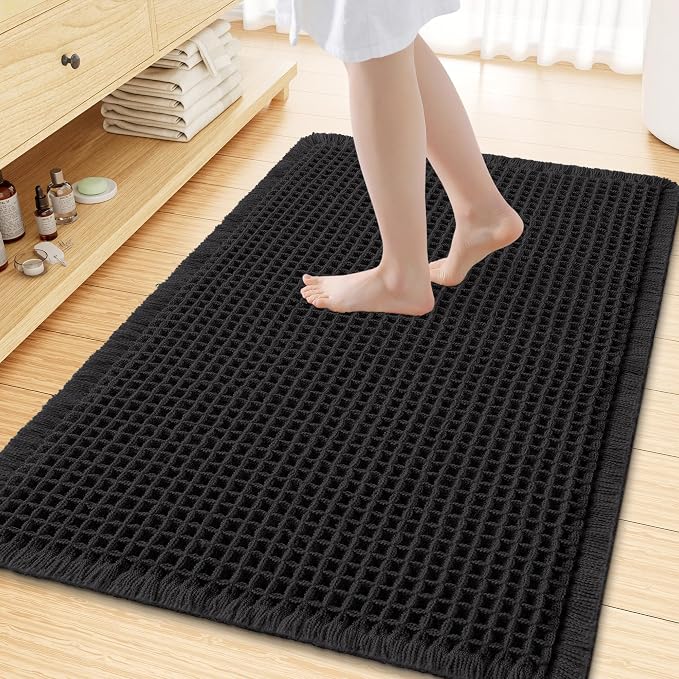 Smiry Waffle Bath Mat 47x32, Extra Soft Absorbent Bathroom Rugs, Non Slip Machine Washable Quick Dry Bath Rugs for Bathroom Floor, Tub, Shower, Home Decor Accessories, Black